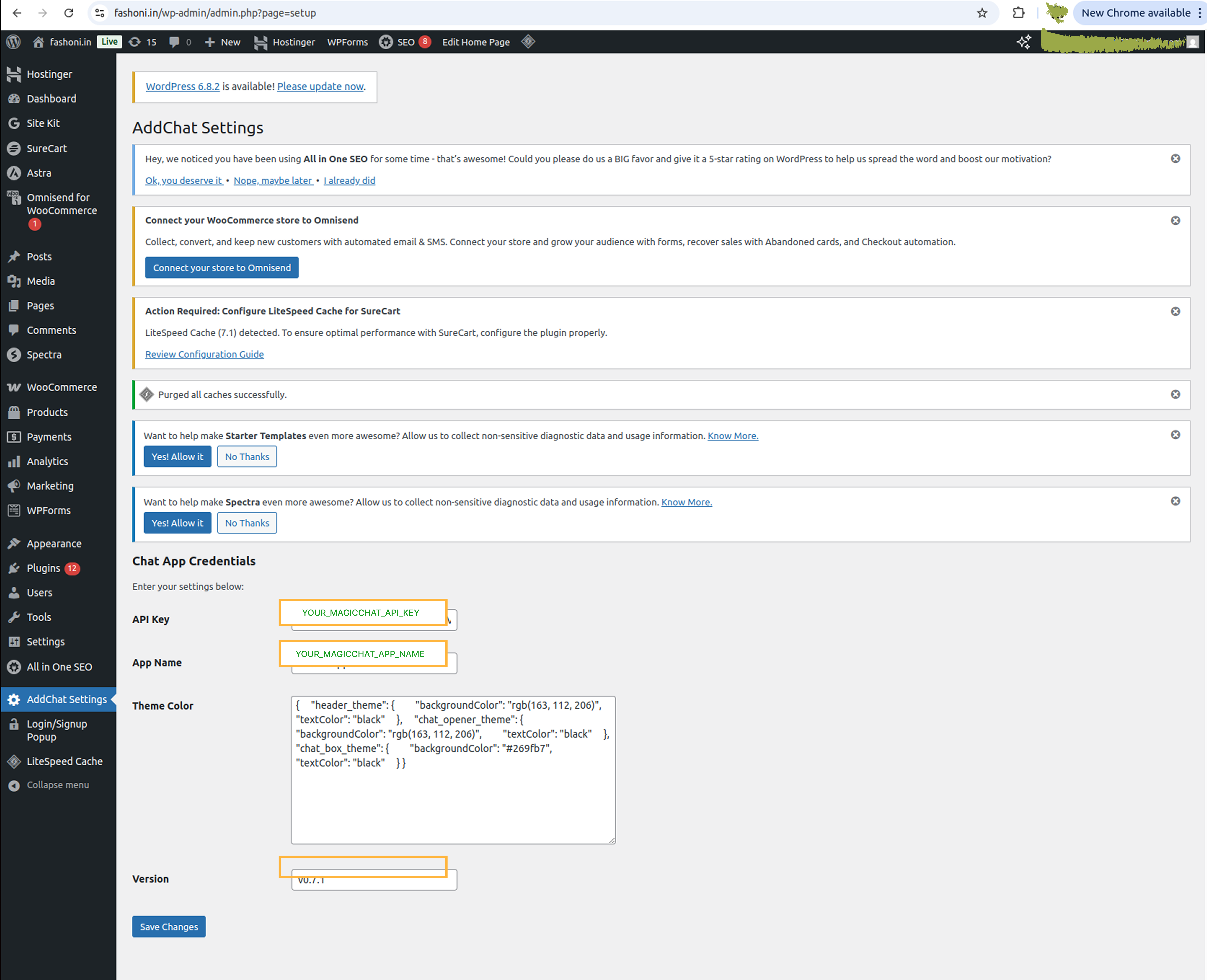 MagicChat credentials configuration in WordPress
