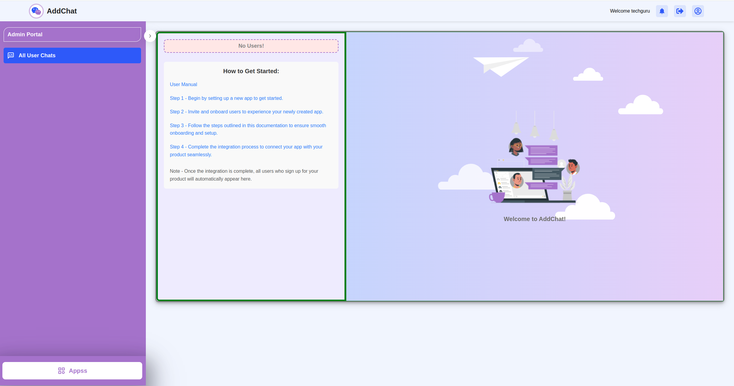 MagicChat Admin Panel showing no onboarded users